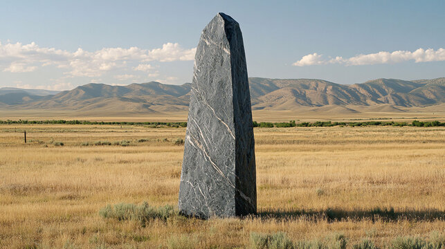 A giant hovering monolith in the middle of a digital desert, casting long, glowing shadows under an alien sky 