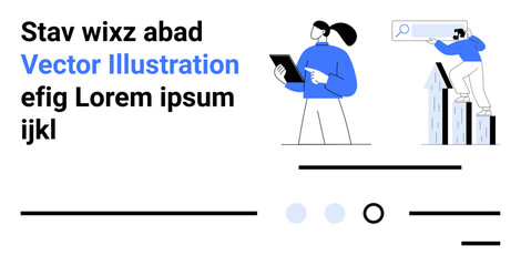 Two people with tablet and growth chart, search icon, text blocks, and minimalist design. Ideal for business, technology, communication, marketing, growth, modernity, data. Landing page
