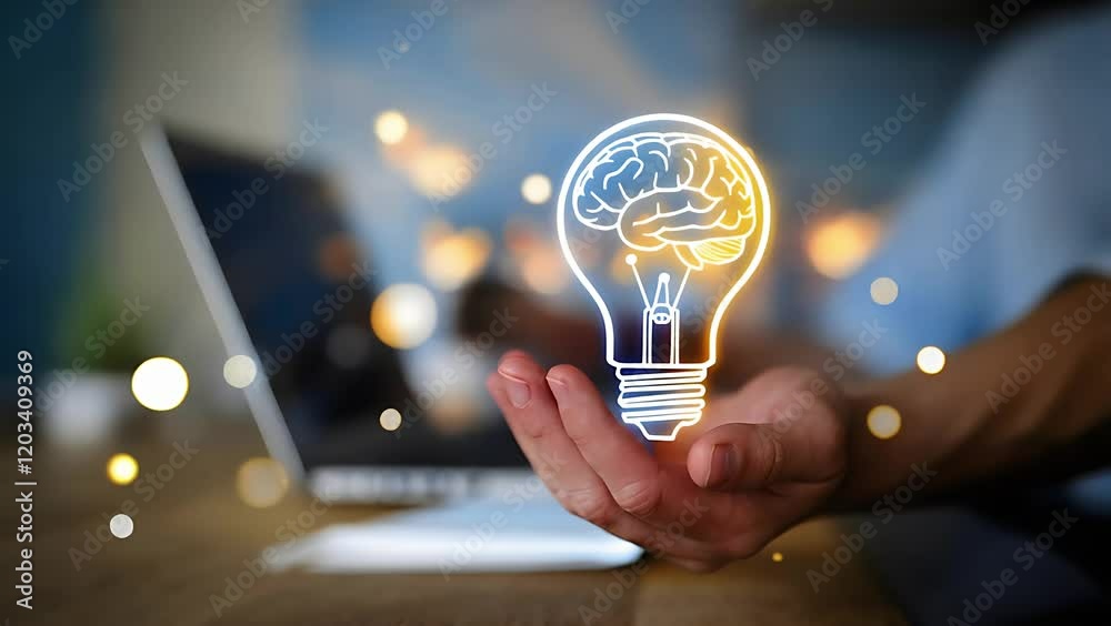 Poster hands hold glowing lightbulb, brain inside; creative idea concept. mind smart bokeh power bright