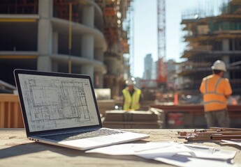 Construction Site with Laptop Displaying Blueprint Plans and Workers in Safety Gear, Showcasing Modern Architecture Development and Concrete Structures