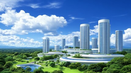 Fototapeta premium Futuristic Eco-Cityscape Modern Towers and Green Spaces