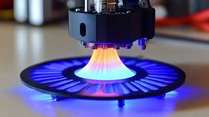 Advanced 3D printing factory with glowing filament strands creating intricate digital structures in midair 