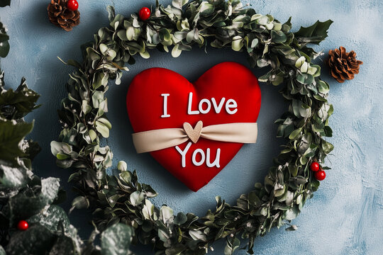 Heart-shaped wreath adorned with I Love You message, perfect for celebrating love on Valentine's Day or any special occasion for couples