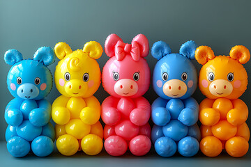 A realistic bunch of children's balloons in the shape of animals, featuring delicate textures, a dreamy atmosphere, and a harmonious composition with cinematic quality