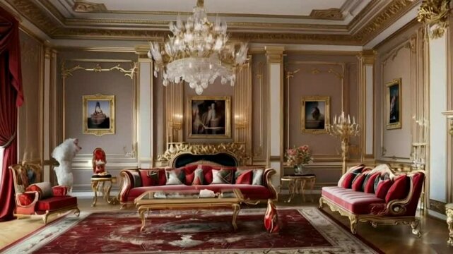 a luxurious living room, decorated with ornate gold frames, trim, and furniture