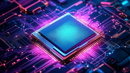 Obraz premium Futuristic microchip on neon circuit board: technological innovation and design