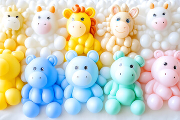 realistic bunch of children's balloons in the shape of animals, dreamy atmosphere, delicate textures, harmonious composition, cinematic quality


