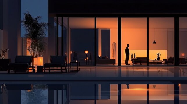 Man standing in front of a pool at night with reflections and mood lighting - Powered by Adobe