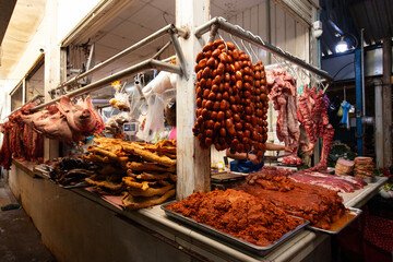 Oaxaca, Mexico; 1st January 2025: Butcher shops selling cured meat, chorizo ​​and regional...