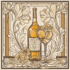 A Toast to Elegance: A bottle of white wine and a stemmed glass rest amongst intricate floral and architectural details in a vintage, stylized illustration.  