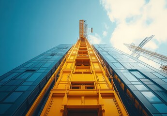 Fototapeta premium Dramatic Low Angle View of a Bright Yellow Construction Crane Ascending Against a Blue Sky with Soft Clouds and Modern Glass Architecture Surrounding It