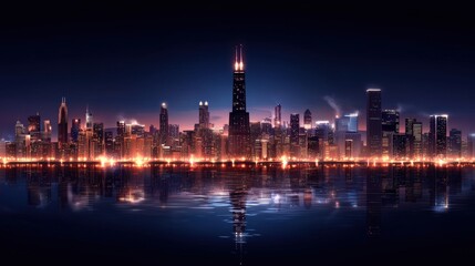 Obraz premium Nighttime city skyline with illuminated buildings and a clear sky featuring stars and moonlight