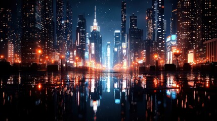 Fototapeta premium City skyline at night with illuminated buildings reflecting in calm water of river or lake