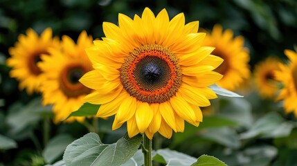 Obraz premium Vibrant sunflowers in a field, summer bloom, nature background, ideal for greeting cards