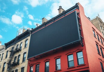 Obraz premium Empty black billboard mounted on a colorful urban building, showcasing a clean canvas against a bright blue sky and peaceful cloud backdrop in a vibrant city environment
