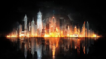 City skyline at sunset with clear reflection in calm water creating a tranquil urban scene