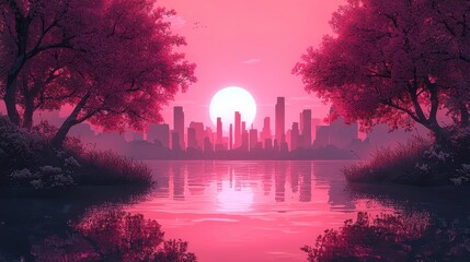 Fototapeta premium Pink sunset over city skyline with silhouettes of trees in the foreground creating a tranquil evening atmosphere