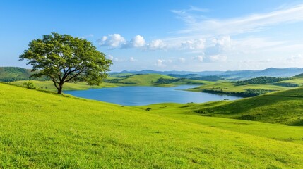 Obraz premium Serene Lake and Rolling Hills Landscape