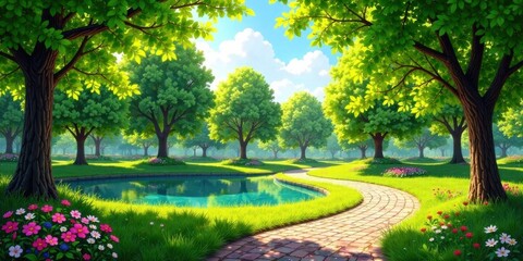 Fototapeta premium Serene Park Path Winding by a Tranquil Pond Under a Sunny Sky