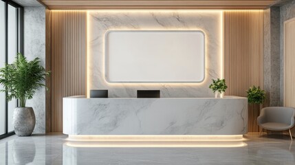 corporate branding identity logo display white blank frame mockup with modern business offices reception background as banner with copy space area mock up