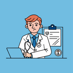 Doctor reviewing fraud document in medical office with stethoscope in background