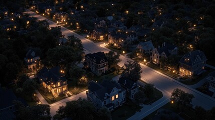 Fototapeta premium A bird's-eye view of a smart city at night, with glowing interconnected buildings and energy-efficient streetlights. Copy space.