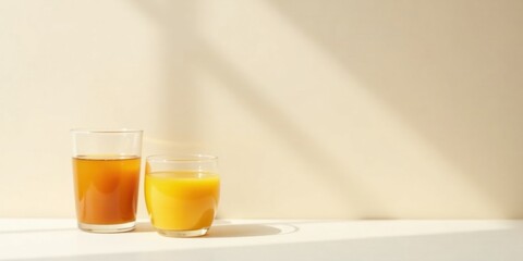Refreshing beverages in sunlight on a neutral background