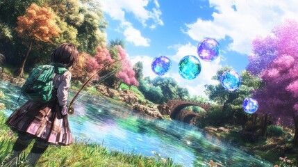 Girl Fishing Magical Bubbles Serene Landscape