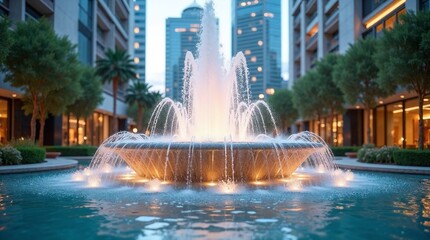 Fototapeta premium Elegant water fountain illuminated in a modern urban setting surrounded by palm trees and buildings