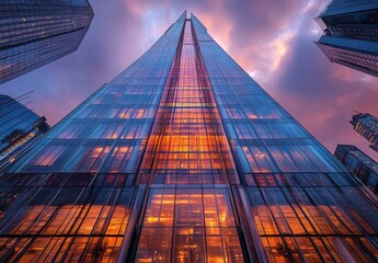 Majestic Skyscraper Under Colorful Sunset Sky in Urban Landscape, Capturing the Modern Architecture and Reflective Glass Facade in an Awe-Inspiring Display of Design Excellence