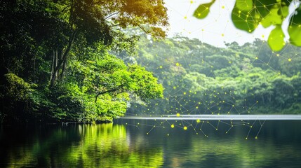 Obraz premium A diagram of carbon-neutral processes overlaid on a serene natural background. Copy space.