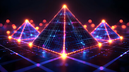 Glowing Neon Pyramids Abstract Digital Art Background