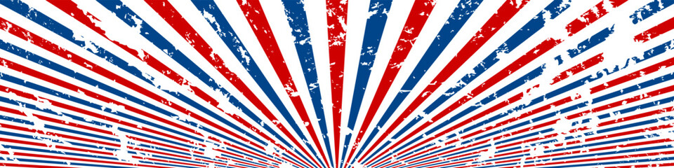 Retro sun rays with Usa colors background. Cartoon sunlight backdrop with grunge. 4th of July, American Independence Day. Vector background with stripes.