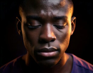 Obraz premium A close-up portrait of a Black gay man with a sad expression, looking downward with teary eyes.