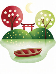 Fototapeta premium Tranquil Landscape with Boat, Torii Gate, Trees, and Reflections
