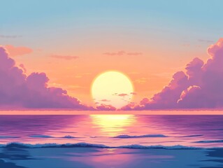 Peaceful pastel sunset gently paints the ocean waves. AI Generated