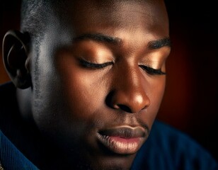 Obraz premium A close-up portrait of a Black gay man with a sad expression, looking downward with teary eyes.