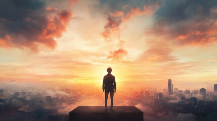 Fototapeta premium Ambitious Entrepreneur at Sunrise, Young visionary on city rooftop, dawn light representing hope and opportunity, urban skyline in background
