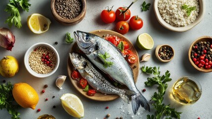 A detailed illustration of a pescatarian dinner, featuring fish, seafood