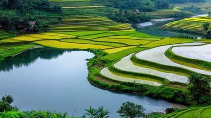 Rice Terraces and River Landscape