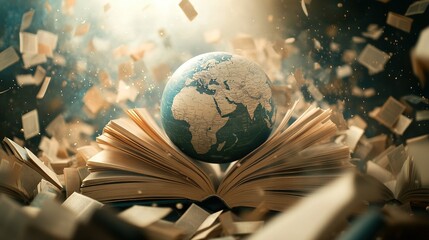 Global Education Revolution, abstract globe encircled by books and tech, representing interconnected learning in a digital age