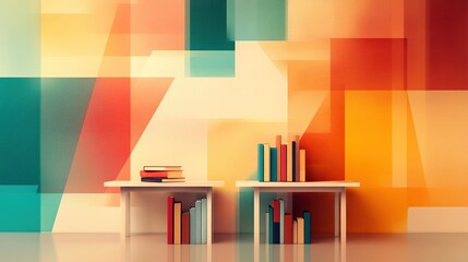 Vibrant Abstract School Library, colorful geometric patterns, books and desks arranged artistically, stimulating creative learning environment