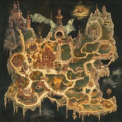Enchanted Island Kingdom Map: A whimsical, hand-drawn map depicts a fantastical island kingdom, complete with castles, forests, and winding paths, evocative of fairytales and adventure.