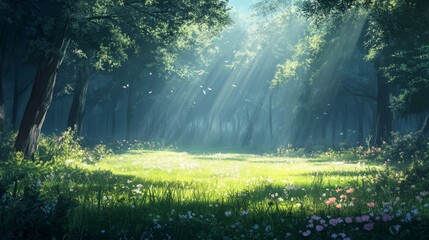 Obraz premium Calm woodland clearing with rays of sunlight and open sky for text