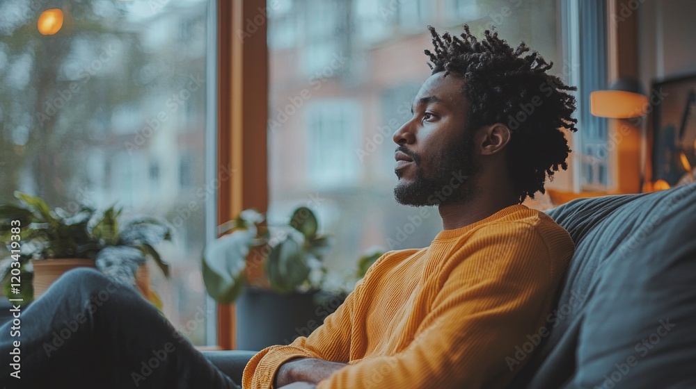 Poster A man sits comfortably on a couch, gazing out a large window. Sunlight filters in, illuminating the space filled with vibrant plants, creating a serene atmosphere perfect for contemplation