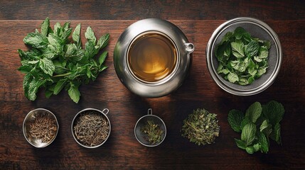 Herbal tea arrangement on dark wooden surface with mint