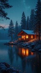 Obraz premium Cozy Lakeside Cabin at Night with Glowing Trees and Fireflies