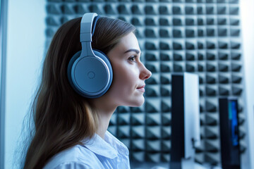 Patient undergoing a hearing test in a soundproof room, wearing large headphones.