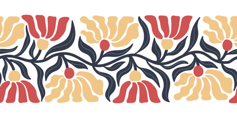 Trendy floral seamless border with retro flowers. Abstract blossom print in naive drawing style