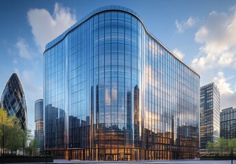 Modern commercial building with reflective glass façade surrounded by urban landscape showcasing contemporary architecture and stylish design elements under a clear blue sky.